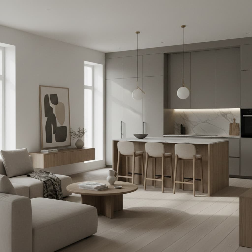 Премиальный интерьер с фактурами дерева/камня и матовыми поверхностями